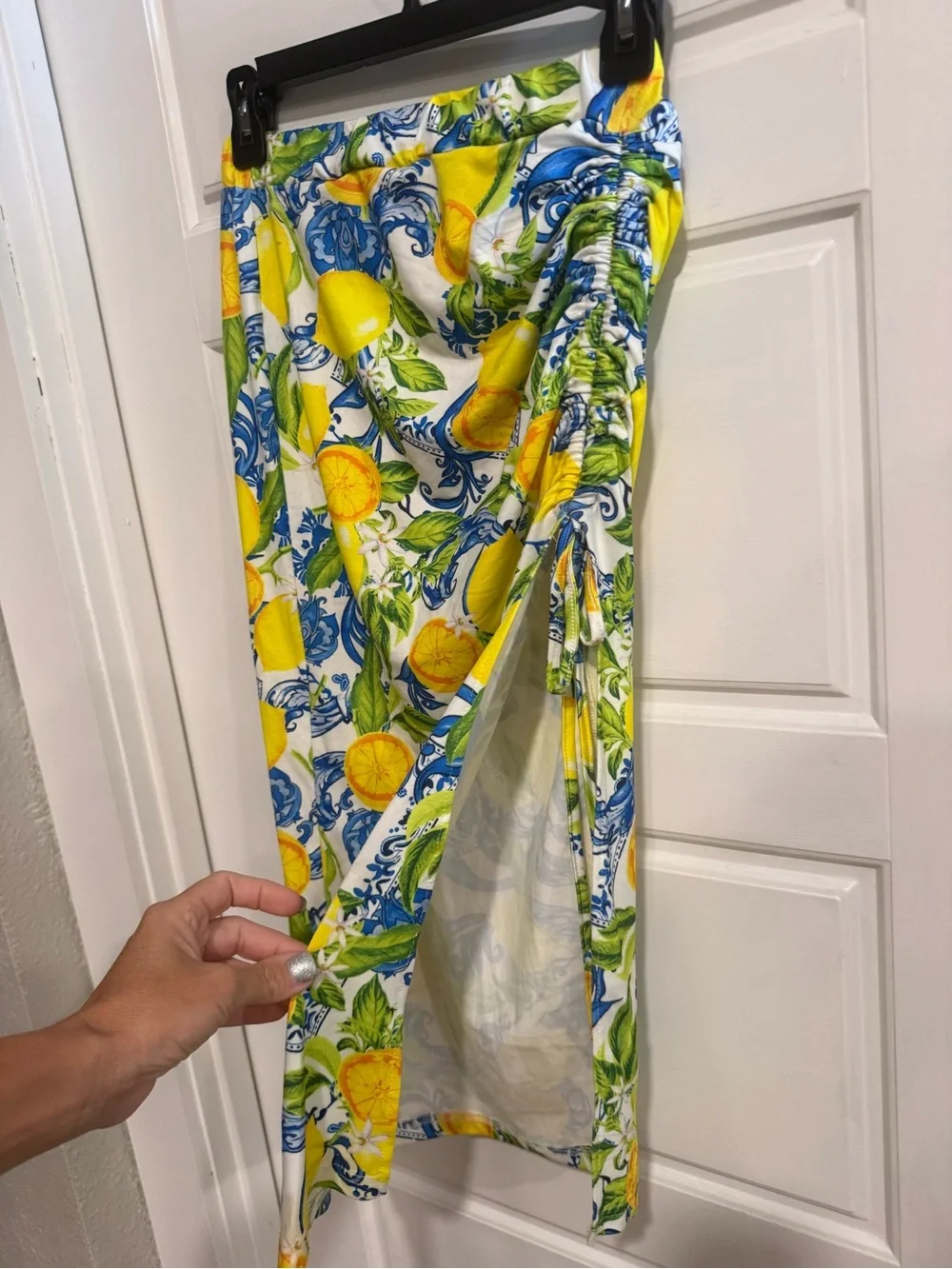 Lemon Blue Tile Print Ruched Side Slit Midi Skirt XS Mediterranean Coastal